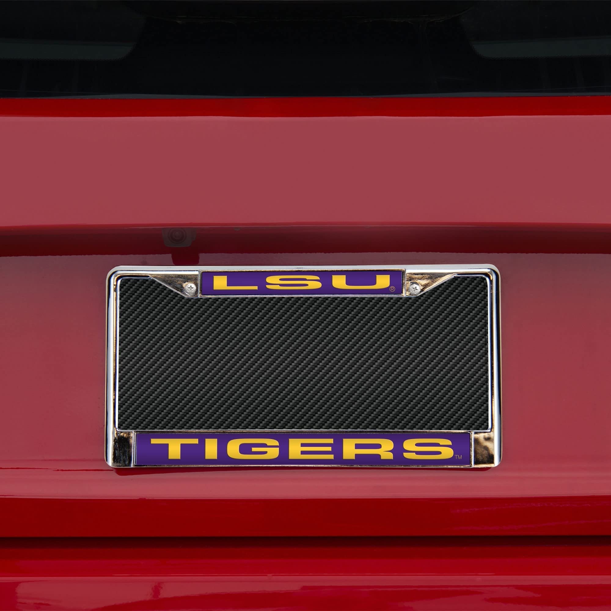 Louisiana State University Tigers LSU Metal License Plate Frame Chrome Tag Cover, Laser Acrylic Mirrored Inserts, 12x6 Inch