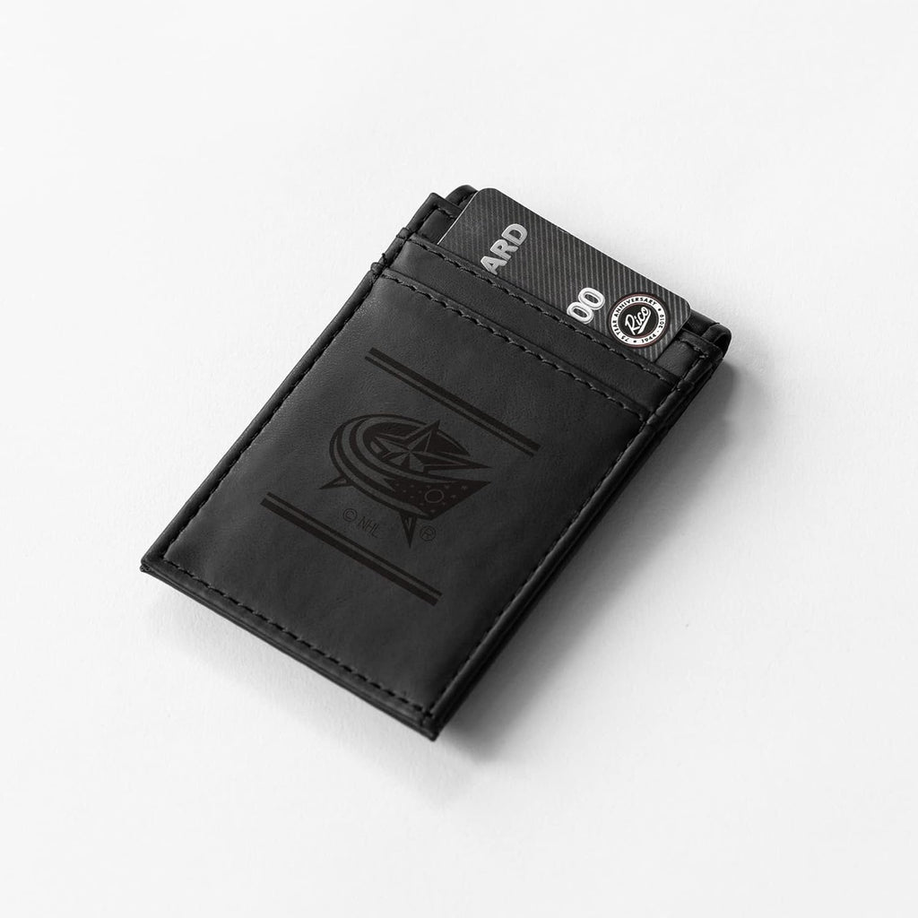 Columbus Blue Jackets Premium Black Leather Wallet, Front Pocket Magnetic Money Clip, Laser Engraved, Vegan