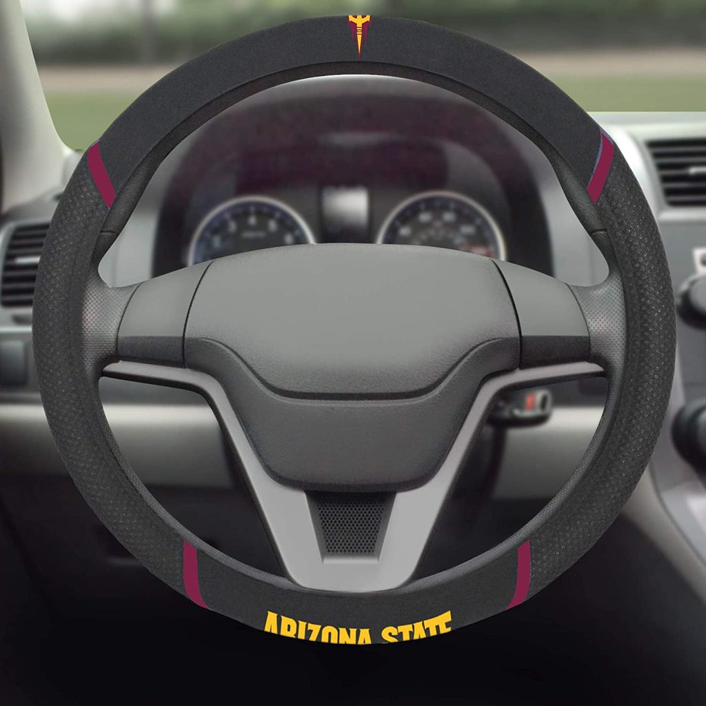 Arizona State Sun Devils Steering Wheel Cover Premium Embroidered Black 15 Inch University