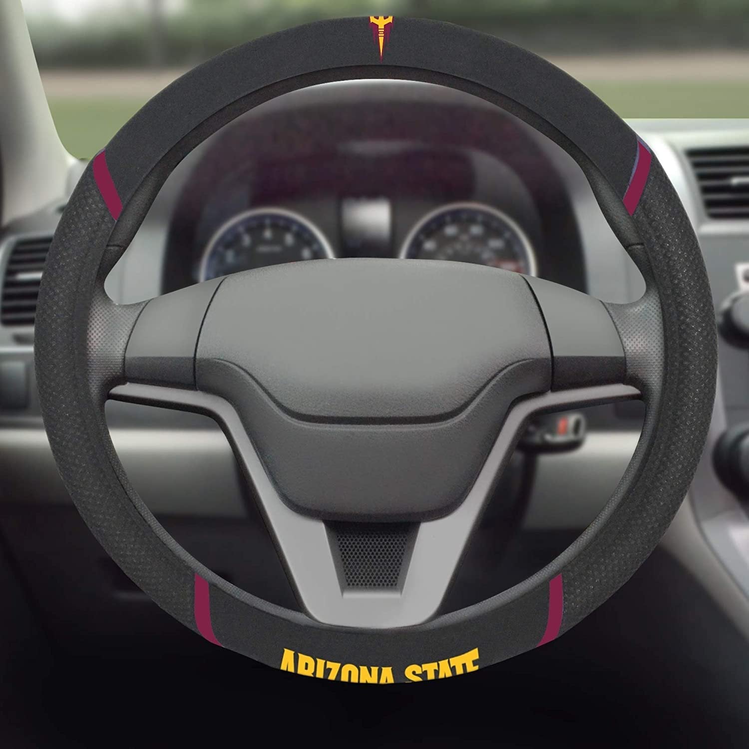 Arizona State Sun Devils Steering Wheel Cover Premium Embroidered Black 15 Inch University