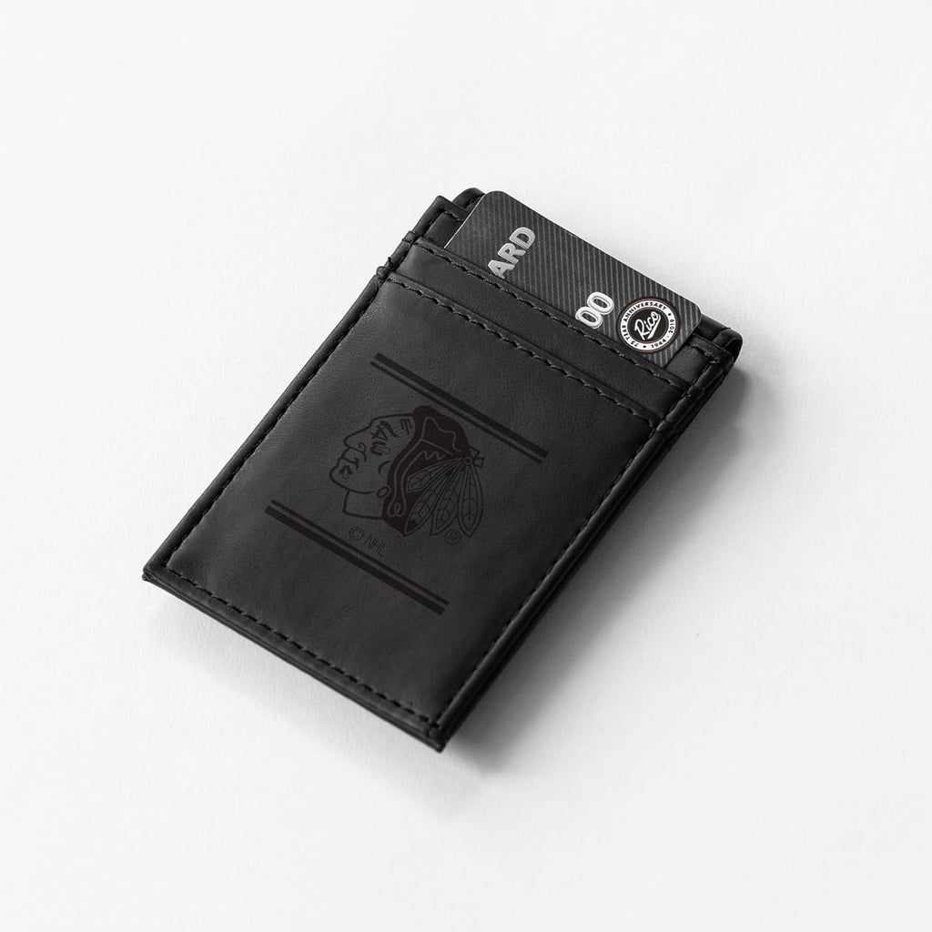 Chicago Blackhawks Premium Black Leather Wallet, Front Pocket Magnetic Money Clip, Laser Engraved, Vegan
