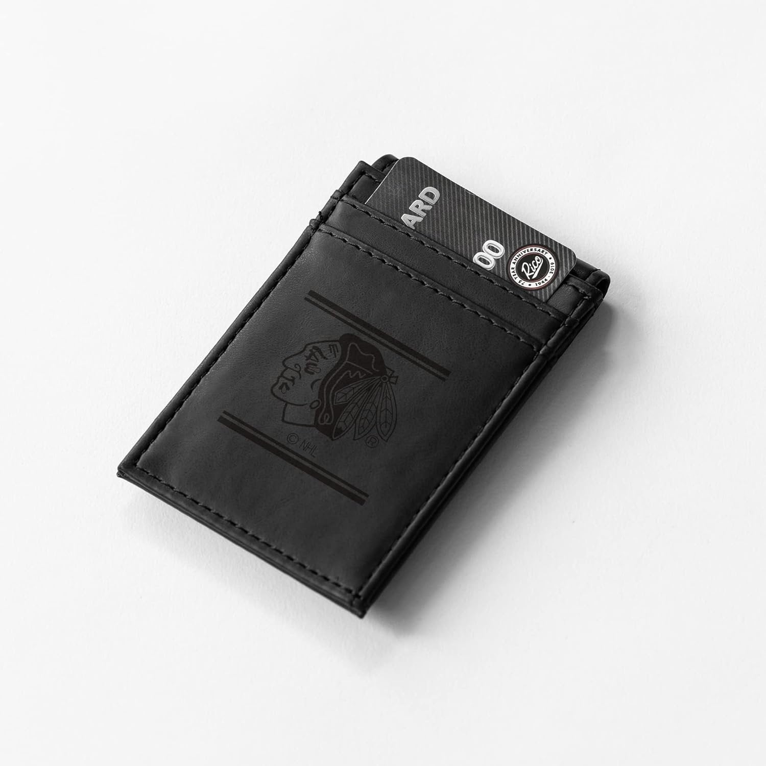 Chicago Blackhawks Premium Black Leather Wallet, Front Pocket Magnetic Money Clip, Laser Engraved, Vegan