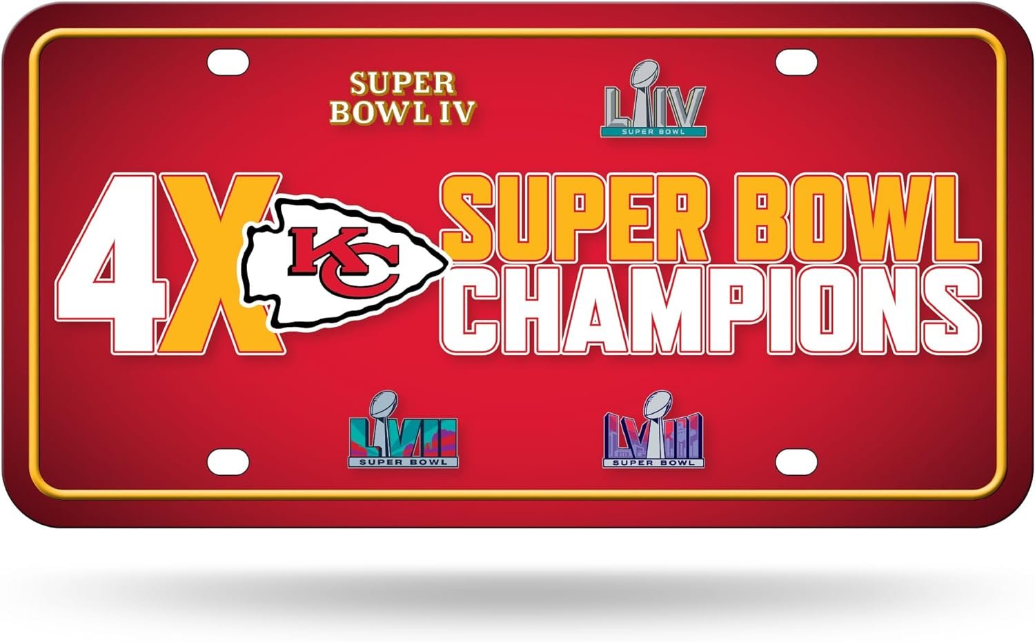 Rico Industries NFL Football Kansas City Chiefs 4X Champions Metal Auto Tag 6" x 12" - Great for Truck/Car/SUV