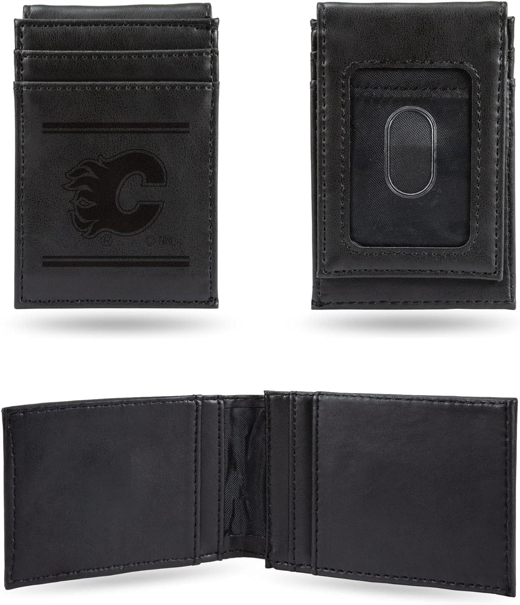 Calgary Flames Premium Black Leather Wallet, Front Pocket Magnetic Money Clip, Laser Engraved, Vegan