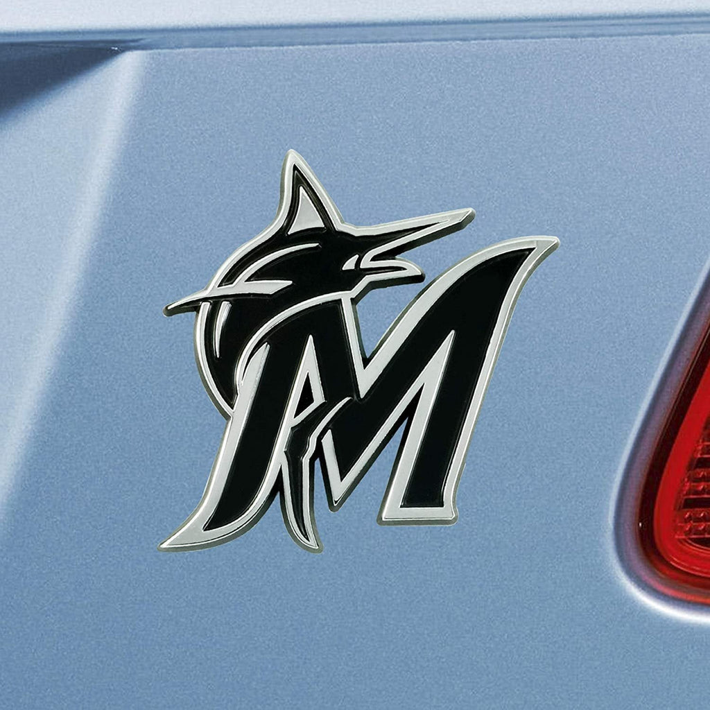 Miami Marlins Premium Solid Metal Raised Auto Emblem, Shape Cut, Adhesive Backing