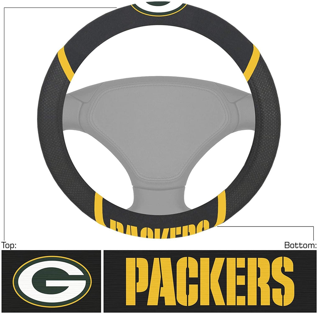Green Bay Packers Steering Wheel Cover Premium Embroidered Black 15 Inch