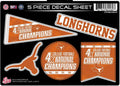 Texas Longhorns Decal Sticker Sheet 4X Time Champions 5 Piece Multi Flat Vinyl Emblem College Football University of