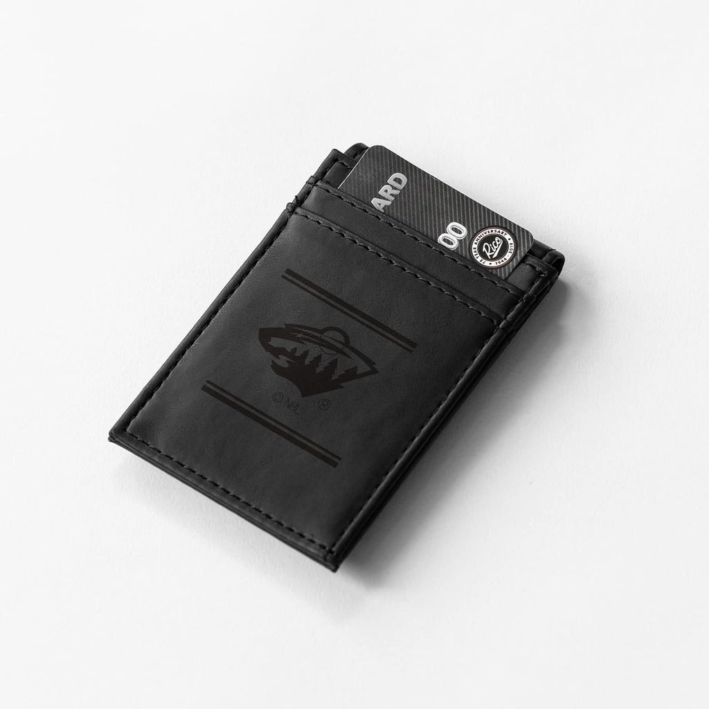 Minnesota Wild Premium Black Leather Wallet, Front Pocket Magnetic Money Clip, Laser Engraved, Vegan
