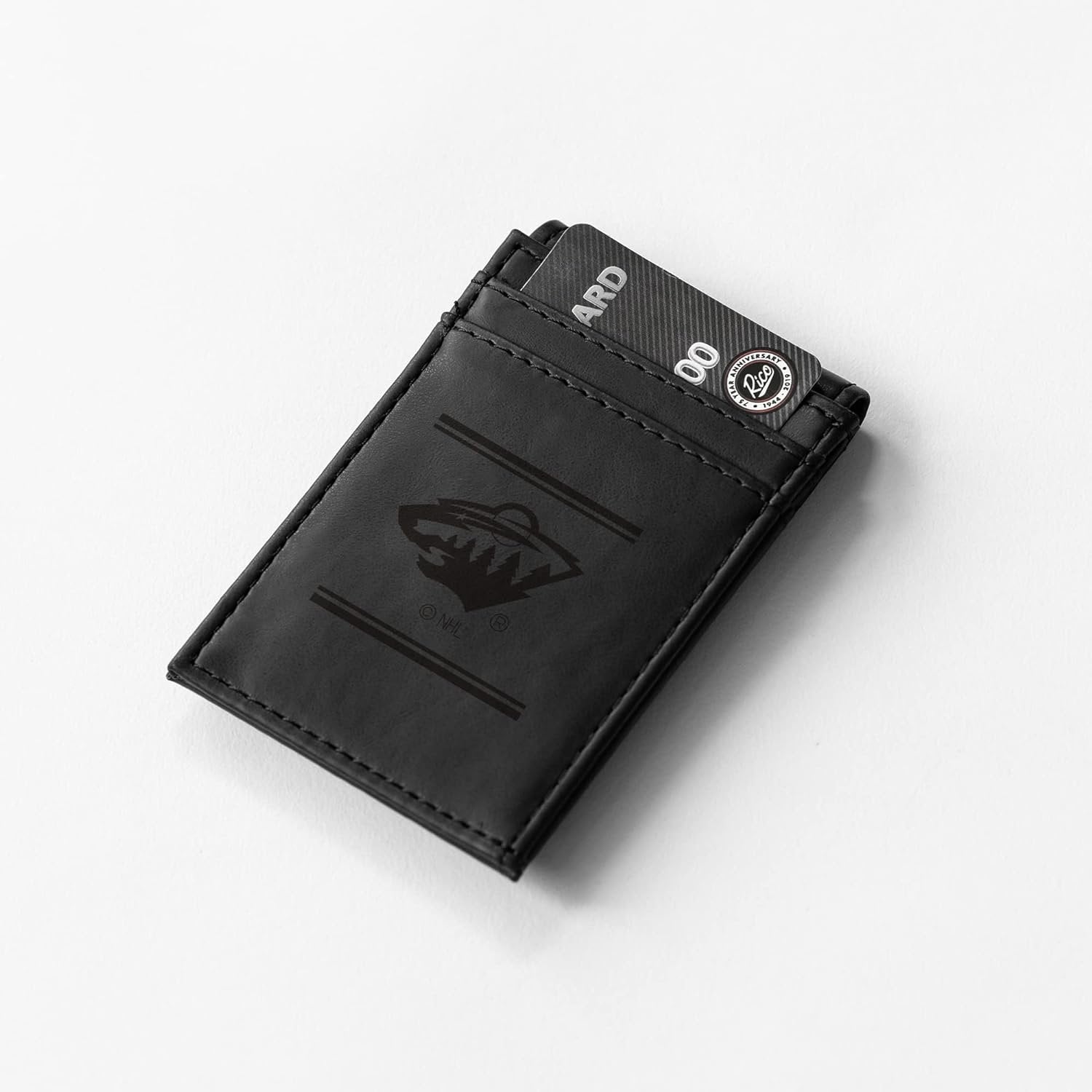 Minnesota Wild Premium Black Leather Wallet, Front Pocket Magnetic Money Clip, Laser Engraved, Vegan