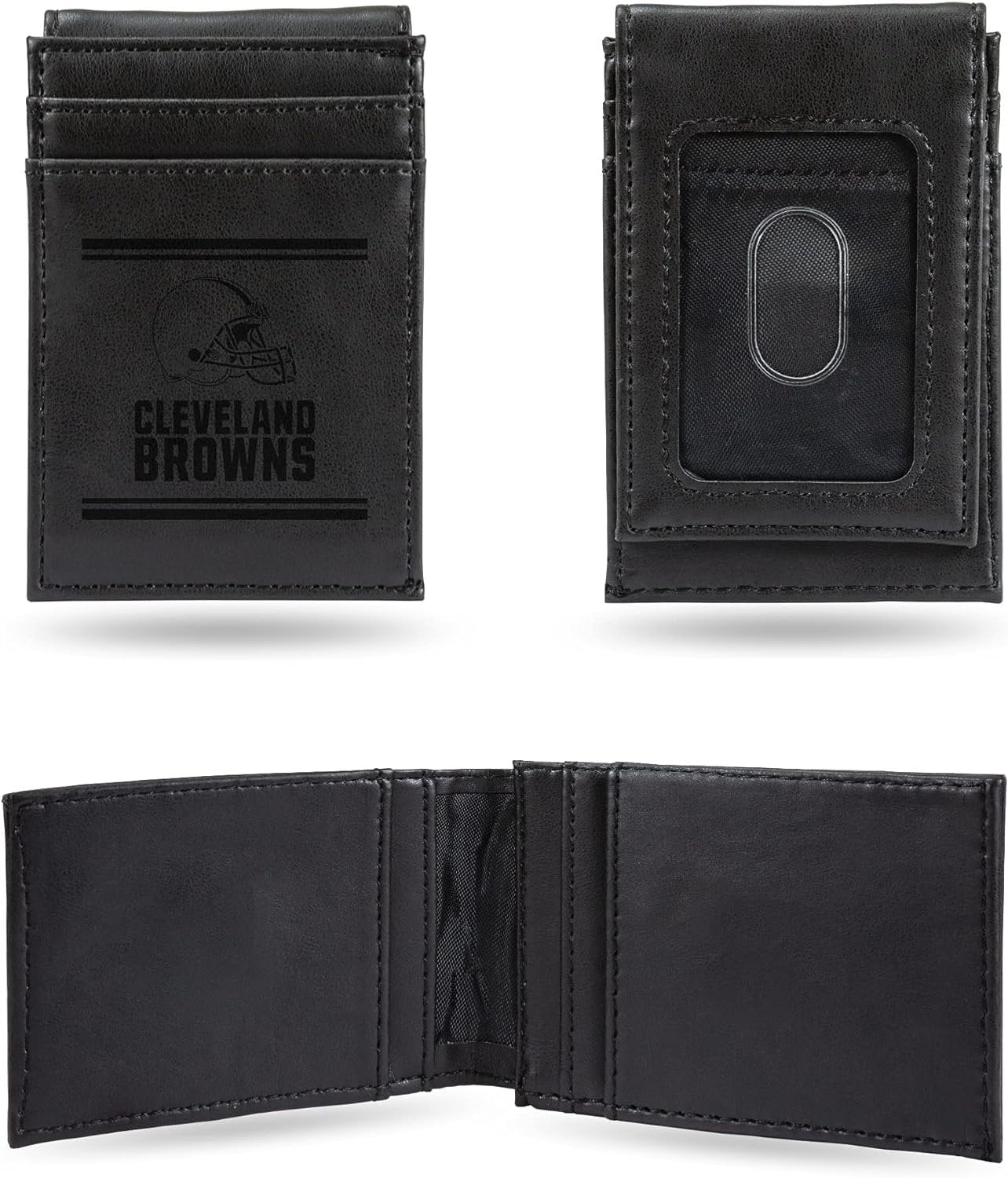 Cleveland Browns Premium Black Leather Wallet, Front Pocket Magnetic Money Clip, Laser Engraved, Vegan
