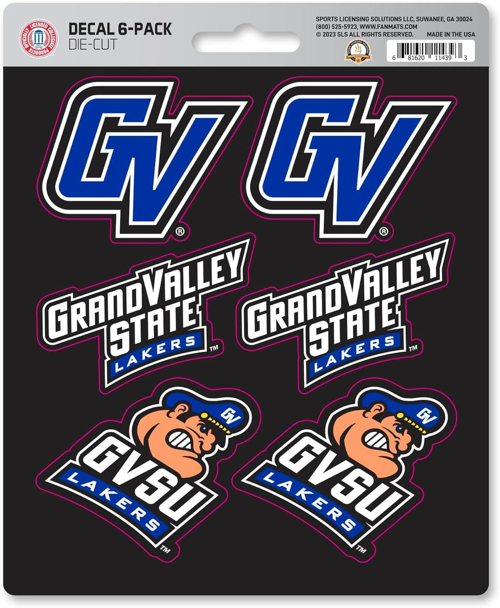 Grand Valley State University Lakers 6-Piece Decal Sticker Set, 5x6 Inch Sheet, Gift for football fans for any hard surfaces around home, automotive, personal items