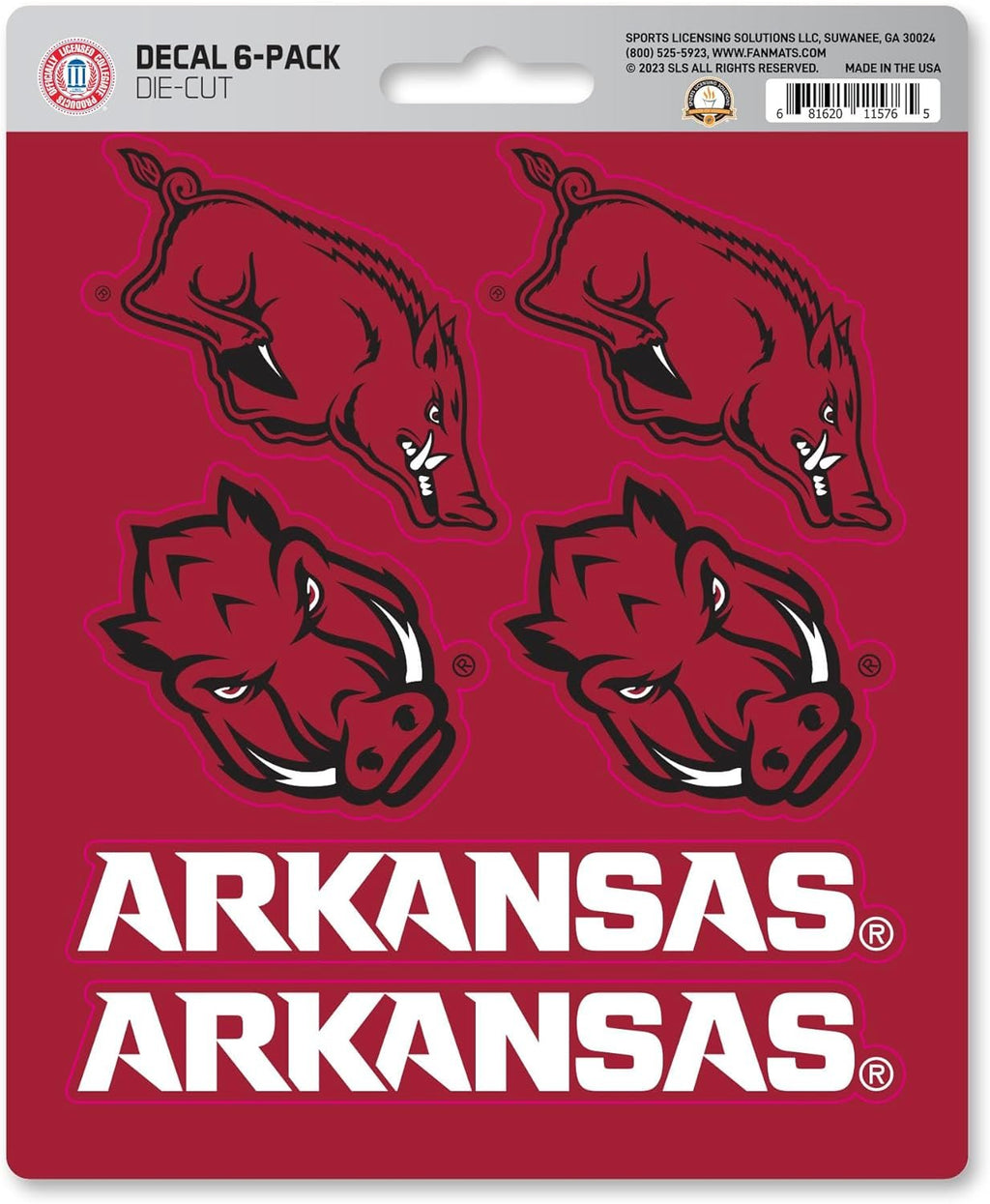 University of Arkansas Razorbacks 6-Piece Decal Sticker Set, 5x6 Inch Sheet, Gift for football fans for any hard surfaces around home, automotive, personal items