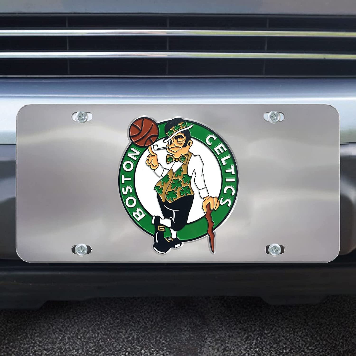 Boston Celtics License Plate Tag, Premium Stainless Steel Diecast, Chrome, Raised Solid Metal Color Emblem, 6x12 Inch