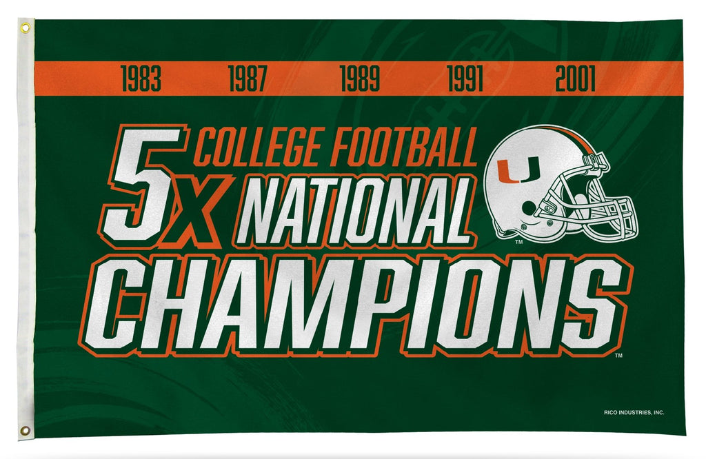 University of Miami Hurricanes Premium 3x5 Foot Flag Banner, 5-Time Champions, Metal Grommets, Indoor Outdoor, Single Sided