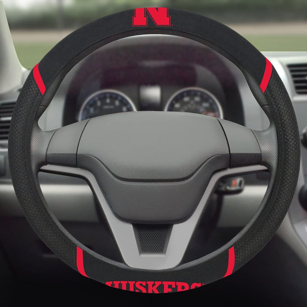 Nebraska Cornhuskers Steering Wheel Cover Premium Embroidered Black 15 Inch University of