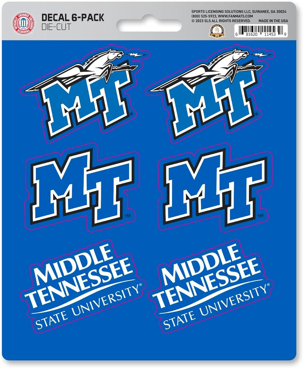 Middle Tennessee State University Blue Raiders 6-Piece Decal Sticker Set, 5x6 Inch Sheet, Gift for football fans for any hard surfaces around home, automotive, personal items