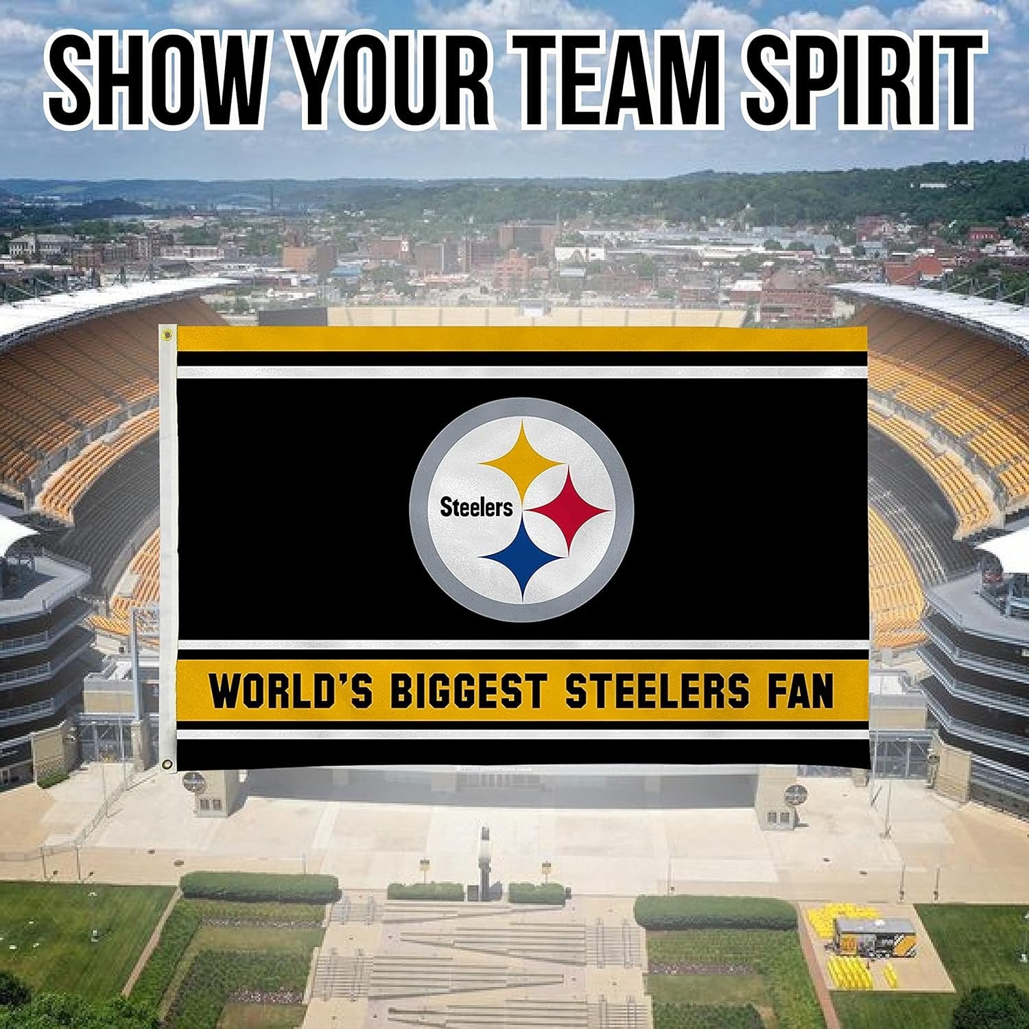 Pittsburgh Steelers 3x5 Feet Flag Banner, World's Biggest Fan, Metal Grommets, Single Sided, Indoor or Outdoor Use