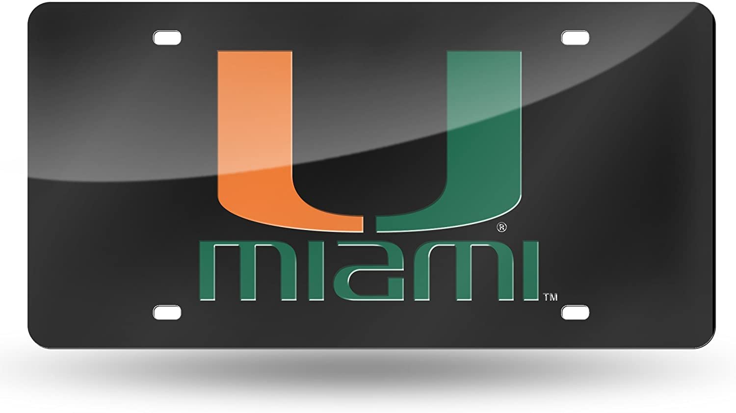 University of Miami Hurricanes Premium Laser Cut Tag License Plate, Black, Mirrored Acrylic Inlaid, 12x6 Inch