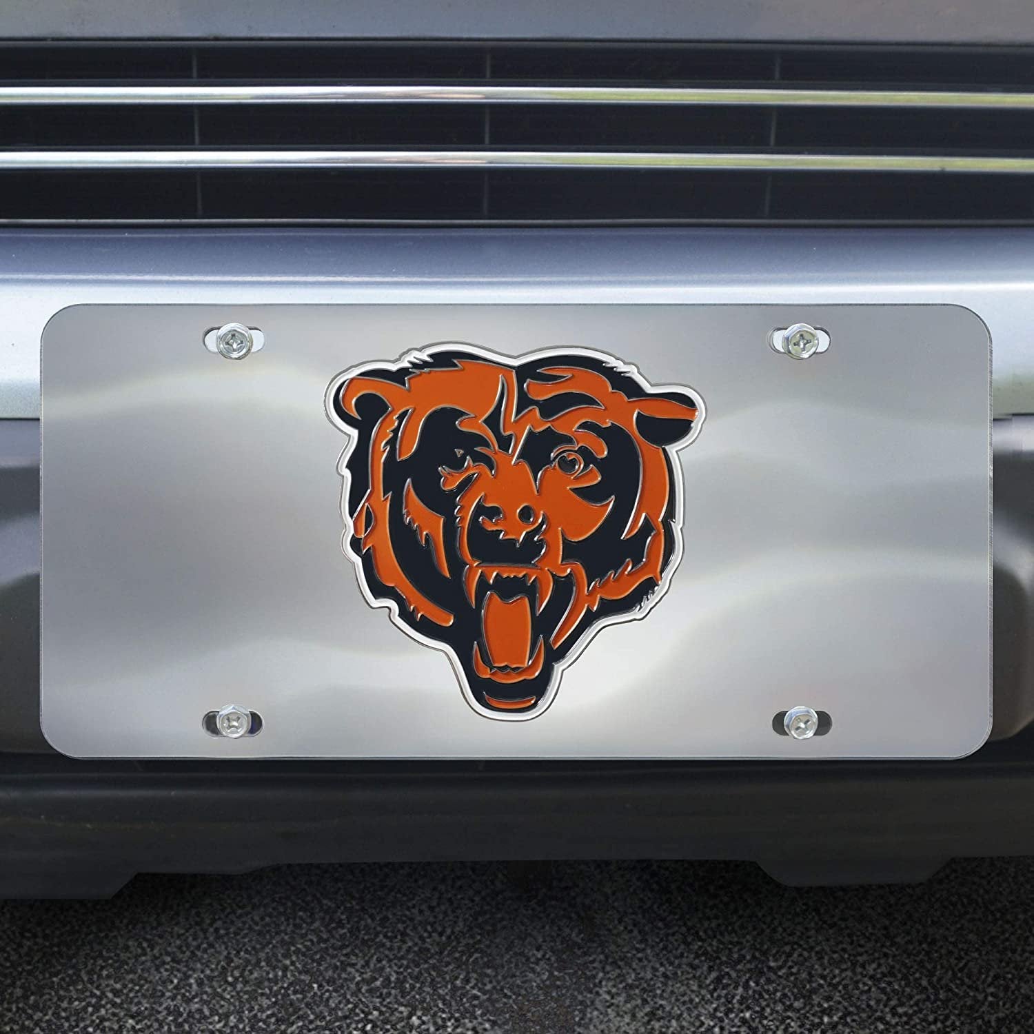 Chicago Bears License Plate Tag, Premium Stainless Steel Diecast, Chrome, Raised Solid Metal Color Emblem, 6x12 Inch
