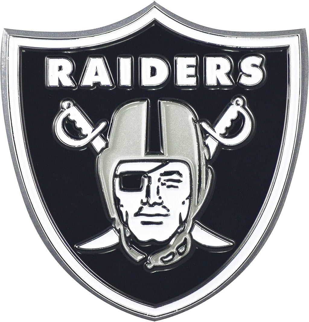 Las Vegas Raiders Premium Solid Metal Raised Auto Emblem, Team Color, Shape Cut, Adhesive Backing