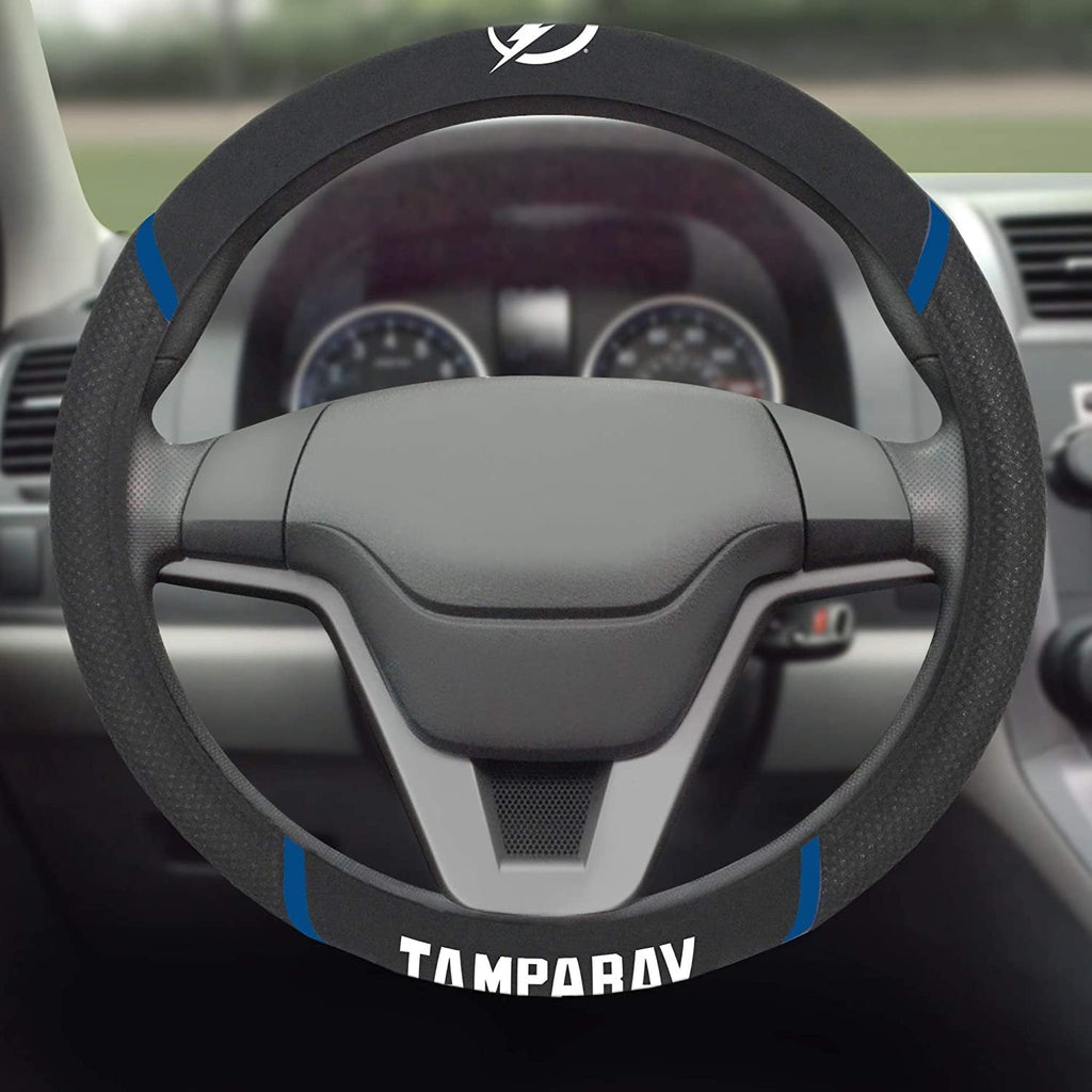 Tampa Bay Lightning Steering Wheel Cover Premium Embroidered Black 15 Inch