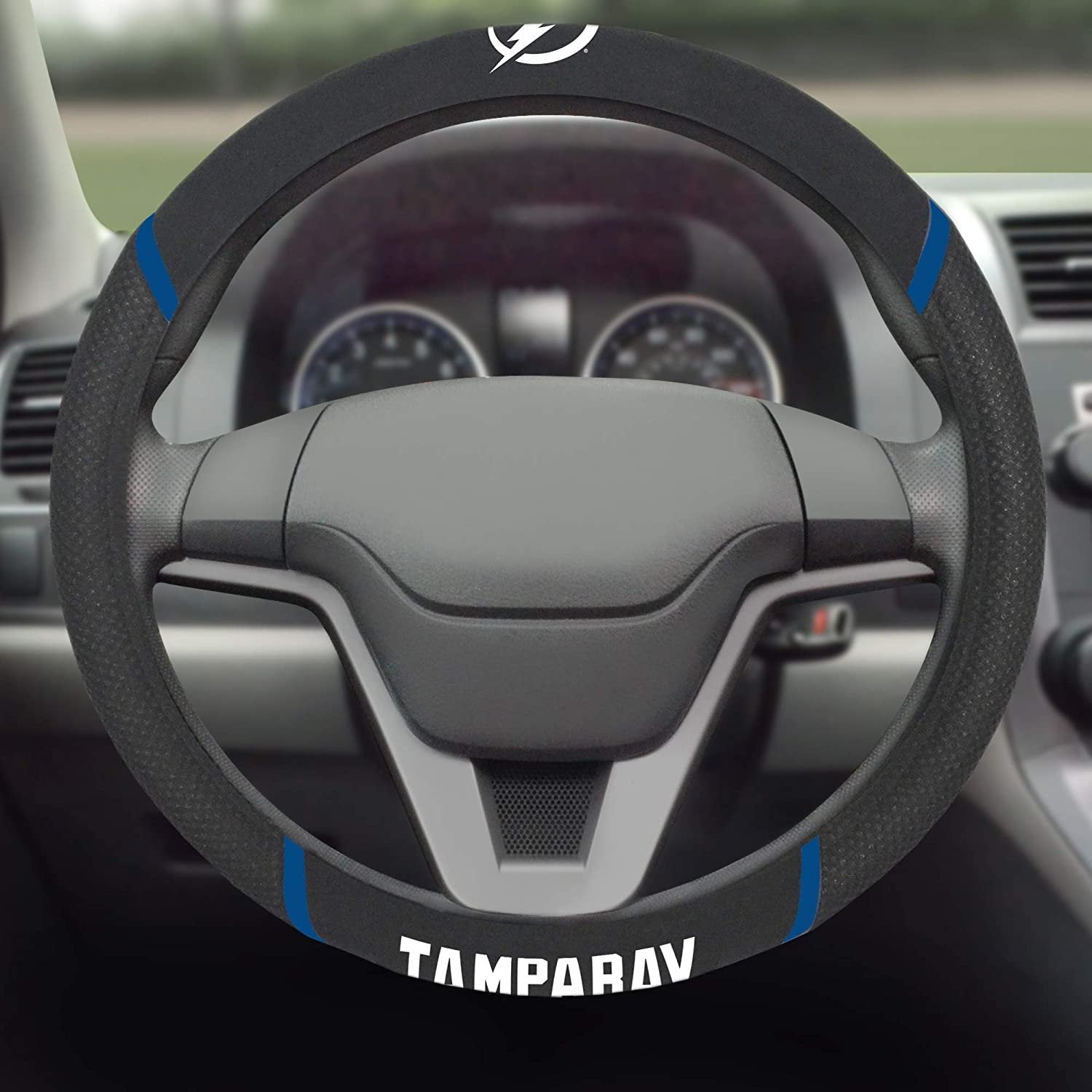 Tampa Bay Lightning Steering Wheel Cover Premium Embroidered Black 15 Inch