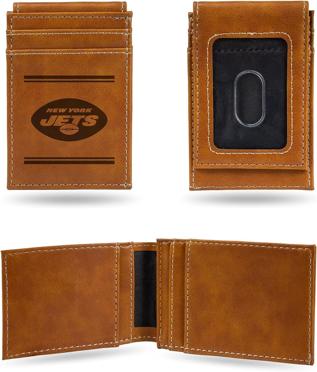 Rico Industries NFL New York Jets Premium Laser Engraved Vegan Brown Leather Front Pocket Wallet - Compact and Slim yet Sturdy Design - Perfect to Show Your Team Pride or Gift