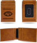 Rico Industries NFL New York Jets Premium Laser Engraved Vegan Brown Leather Front Pocket Wallet - Compact and Slim yet Sturdy Design - Perfect to Show Your Team Pride or Gift