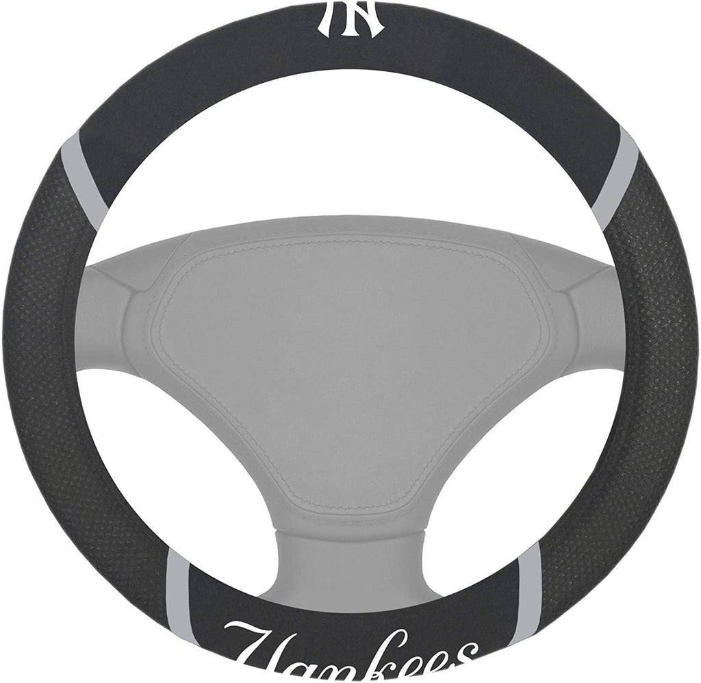 New York Yankees Steering Wheel Cover Premium Embroidered Black 15 Inch