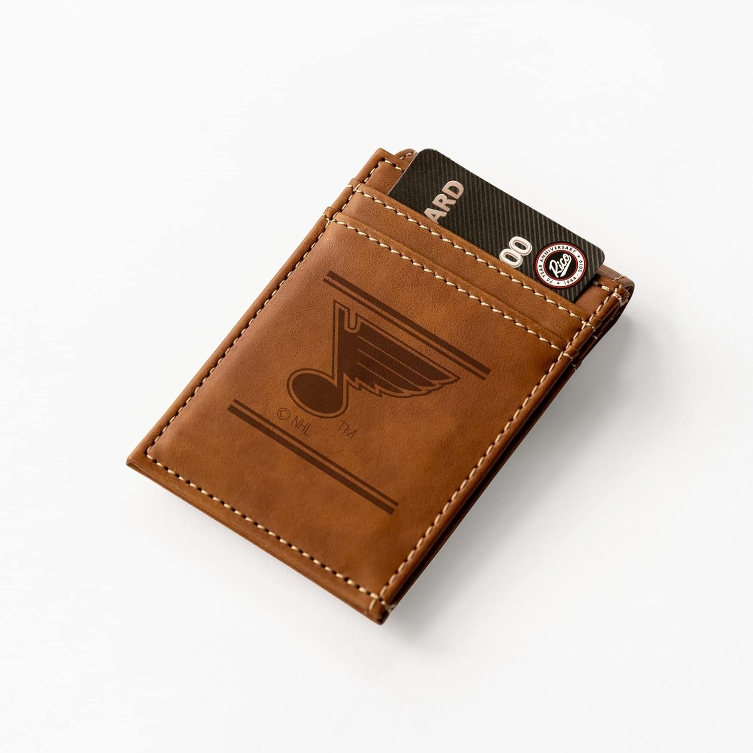 Rico Industries NHL St. Louis Blues Premium Laser Engraved Vegan Brown Leather Front Pocket Wallet - Compact and Slim yet Sturdy Design - Perfect to Show Your Team Pride or Gift