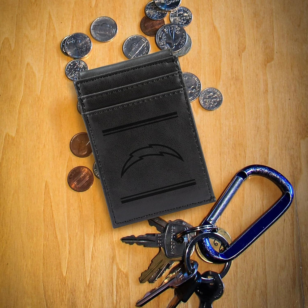 Los Angeles Chargers Premium Black Leather Wallet, Front Pocket Magnetic Money Clip, Laser Engraved, Vegan