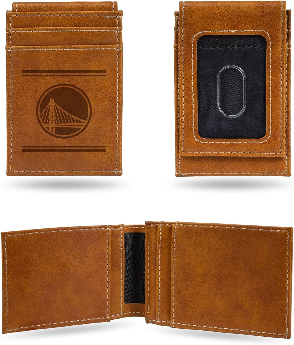 Rico Industries NBA Golden State Warriors Premium Laser Engraved Vegan Brown Leather Front Pocket Wallet - Compact and Slim Yet Sturdy Design - Perfect to Show Your Team Pride or Gift