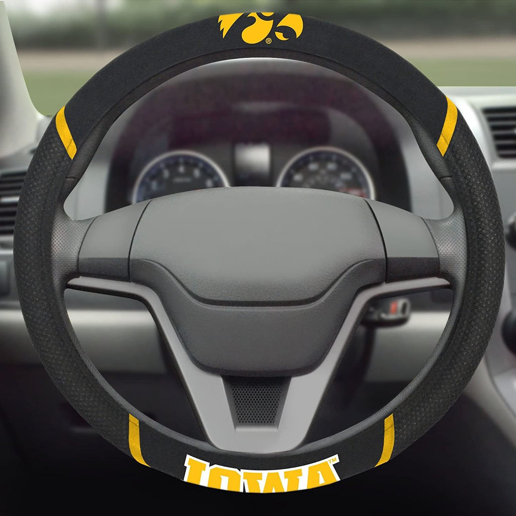 Iowa Hawkeyes Steering Wheel Cover Premium Embroidered Black 15 Inch University of