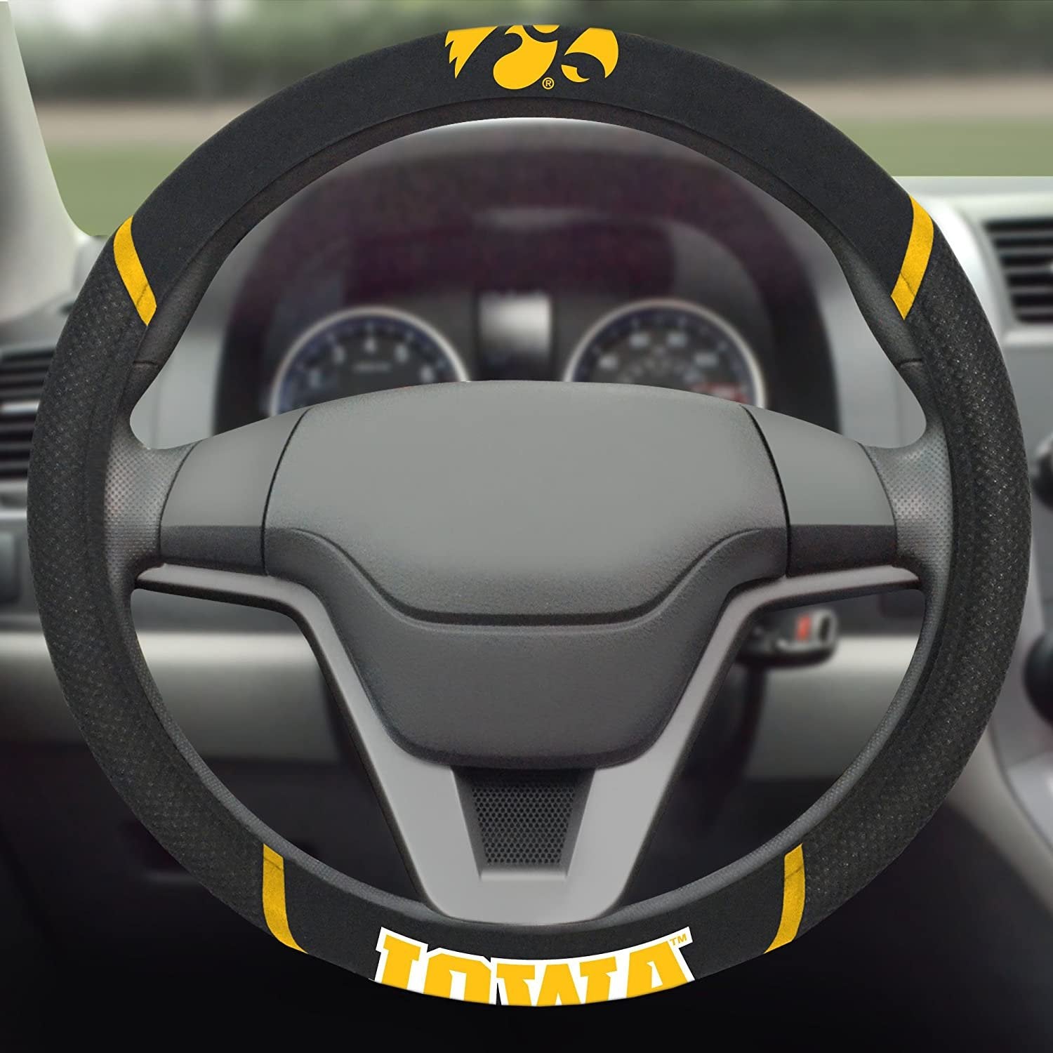 Iowa Hawkeyes Steering Wheel Cover Premium Embroidered Black 15 Inch University of