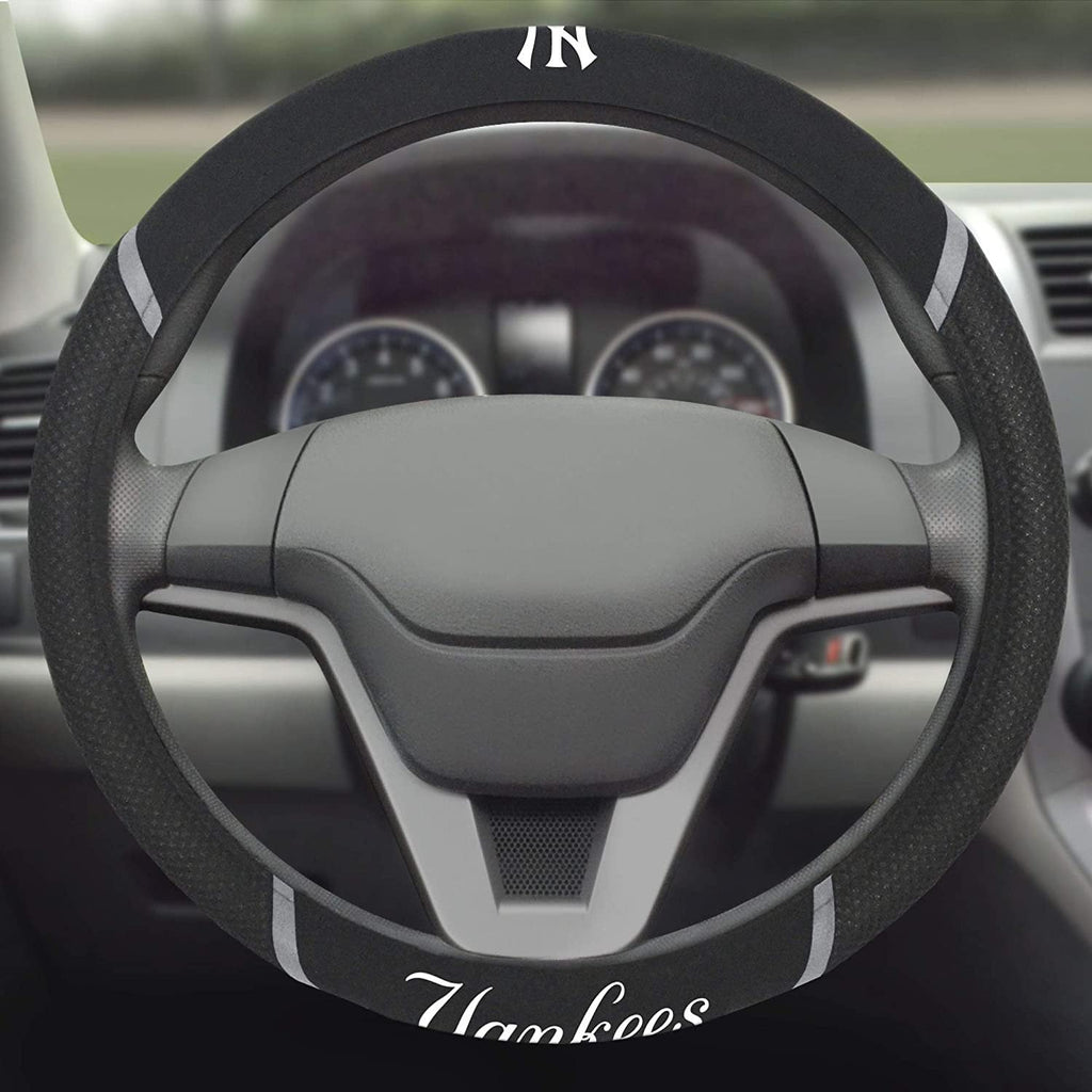 New York Yankees Steering Wheel Cover Premium Embroidered Black 15 Inch
