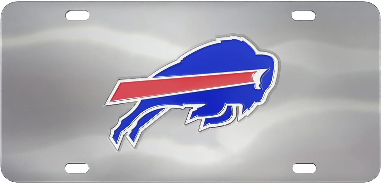 Buffalo Bills License Plate Tag, Premium Stainless Steel Diecast, Chrome, Raised Solid Metal Color Emblem, 6x12 Inch