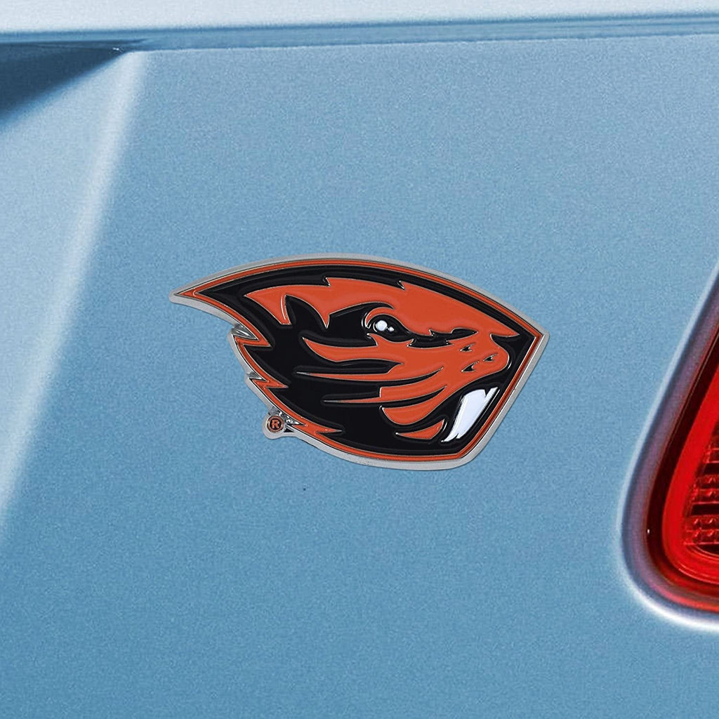 Oregon State University Beavers Premium Solid Metal Raised Auto Emblem, Team Color, Shape Cut, Adhesive Backing