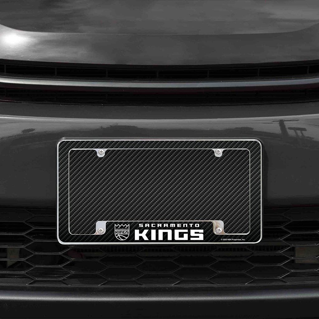 Sacramento Kings Metal License Plate Frame Chrome Tag Cover Carbon Fiber Design 6x12 Inch