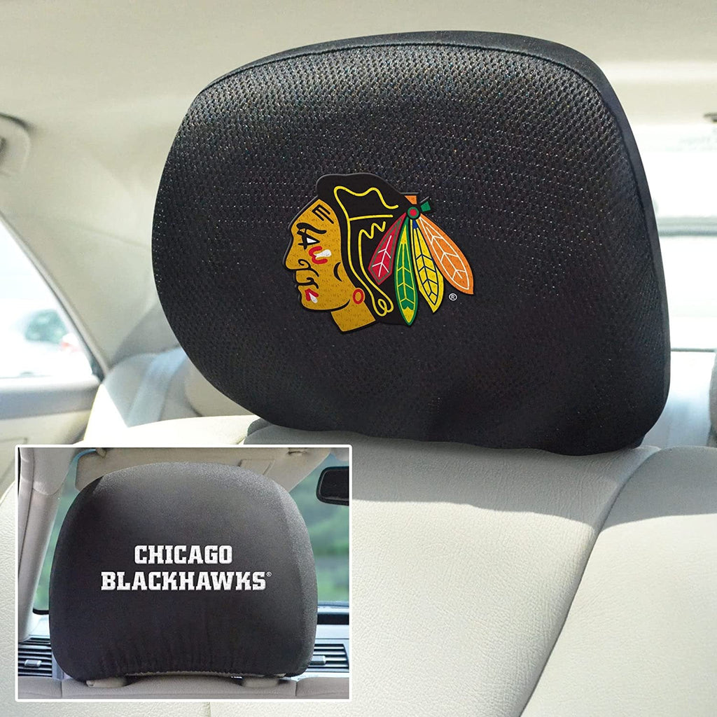 Chicago Blackhawks Premium Pair of Auto Head Rest Covers, Black, Elastic, 10x14 Inch