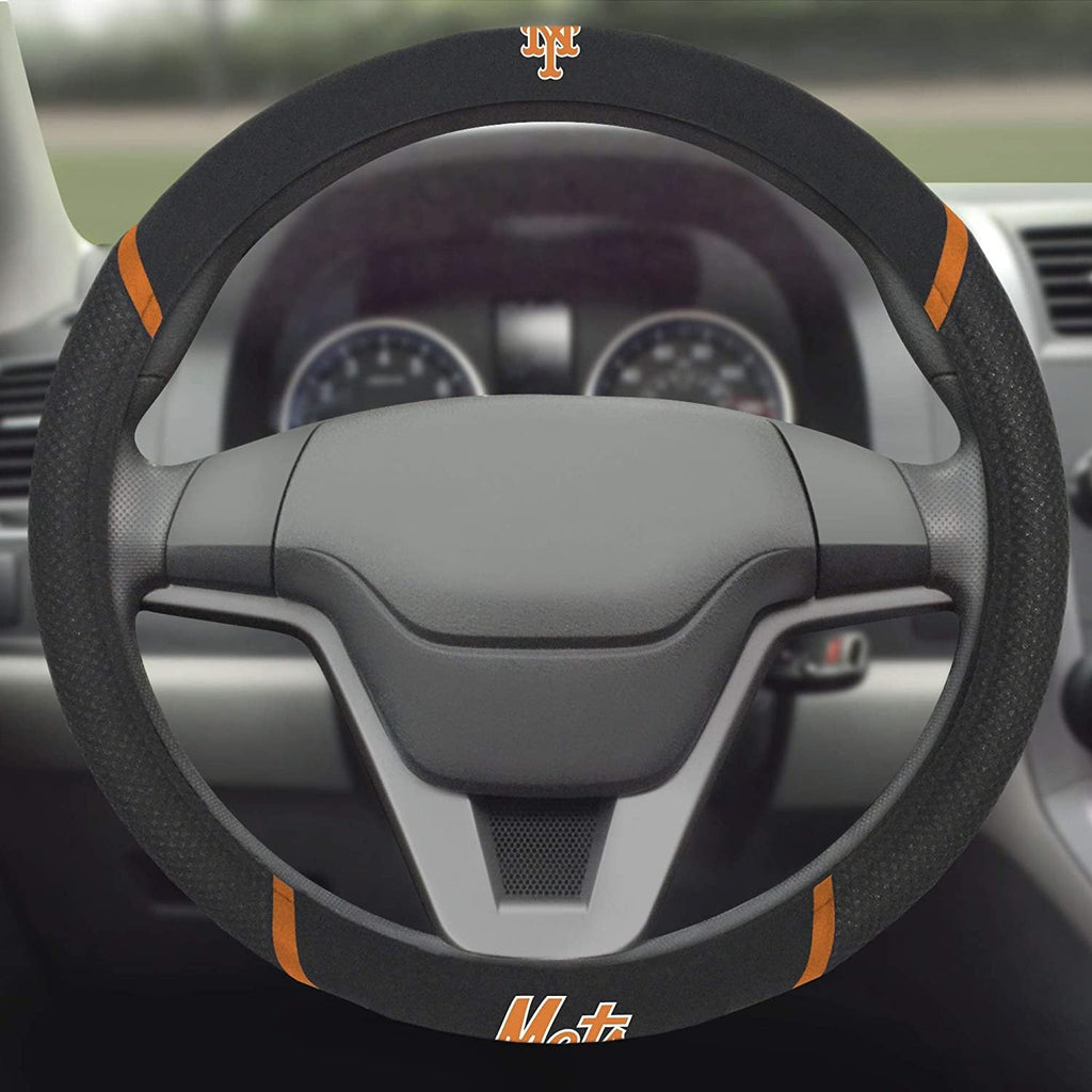 New York Mets Steering Wheel Cover Premium Embroidered Black 15 Inch