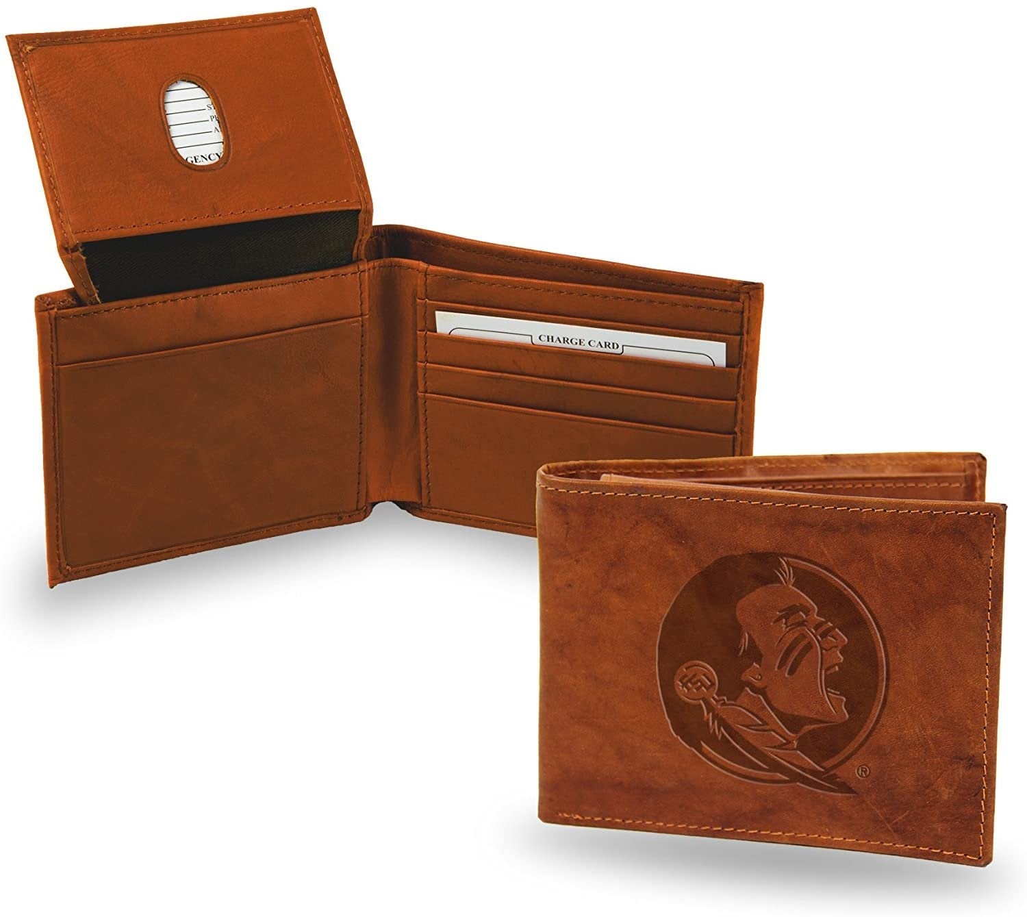 Florida State University Seminoles Premium Brown Leather Wallet, Bifold Billfold, Embossed Laser Engraved