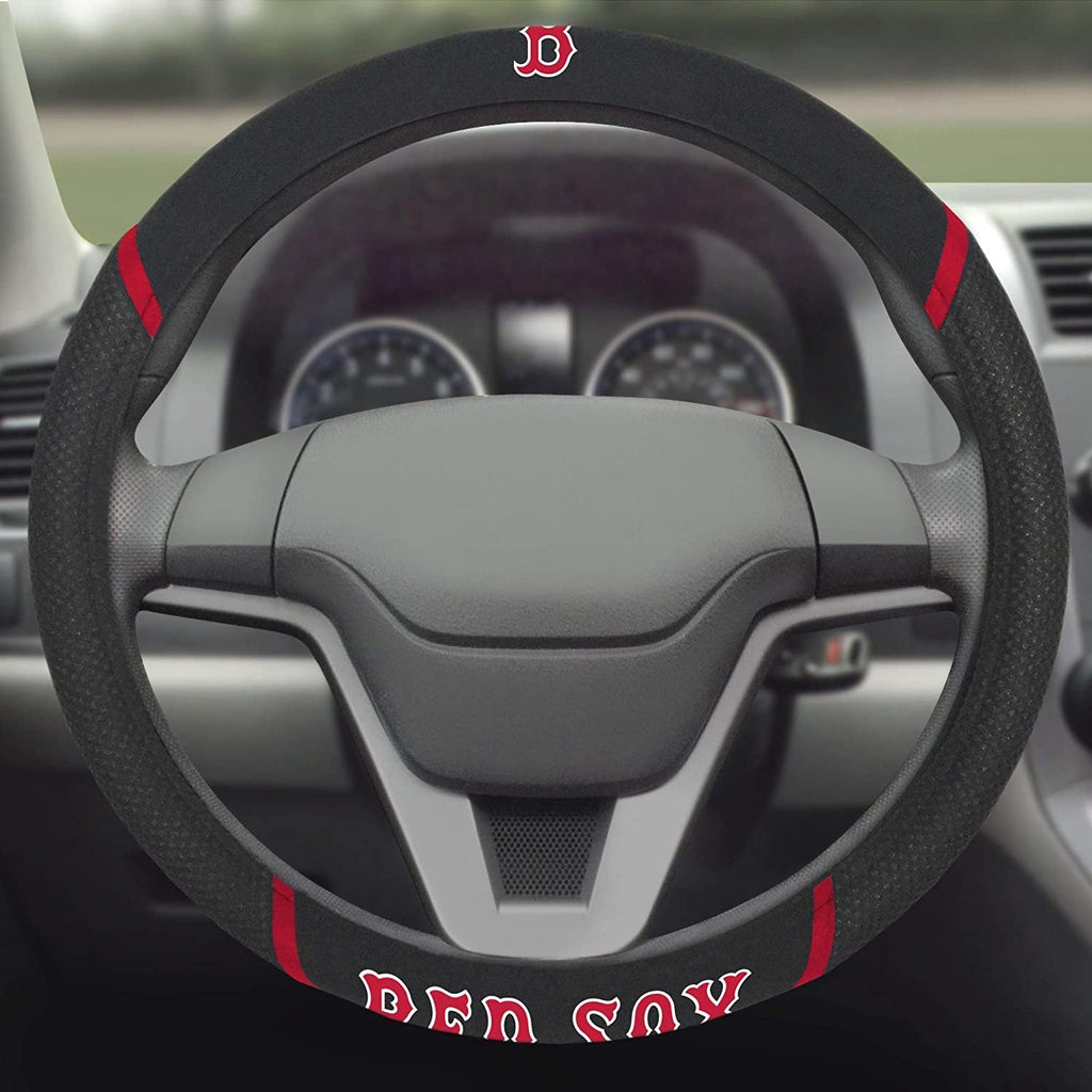 Boston Red Sox Steering Wheel Cover Premium Embroidered Black 15 Inch