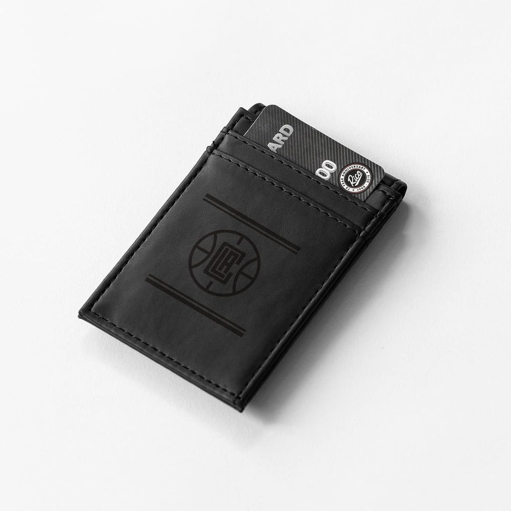 Los Angeles Clippers Premium Black Leather Wallet, Front Pocket Magnetic Money Clip, Laser Engraved, Vegan