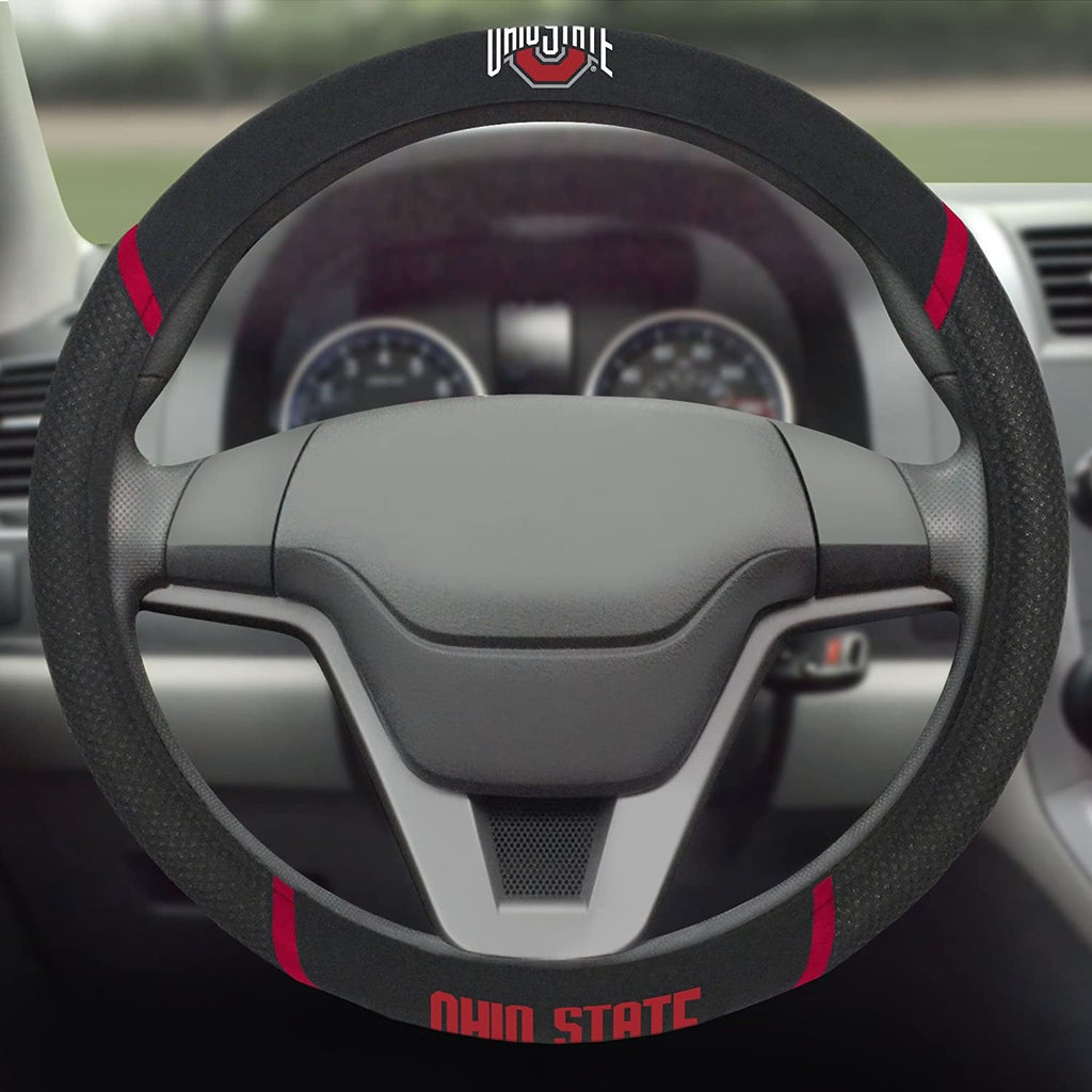 Ohio State Buckeyes Steering Wheel Cover Premium Embroidered Black 15 Inch University