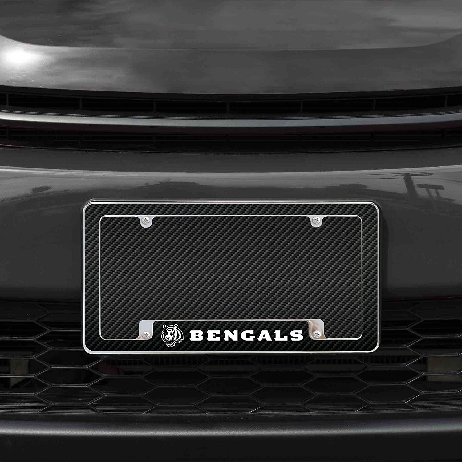 Cincinnati Bengals Metal License Plate Frame Chrome Tag Cover Carbon Fiber Design 6x12 Inch