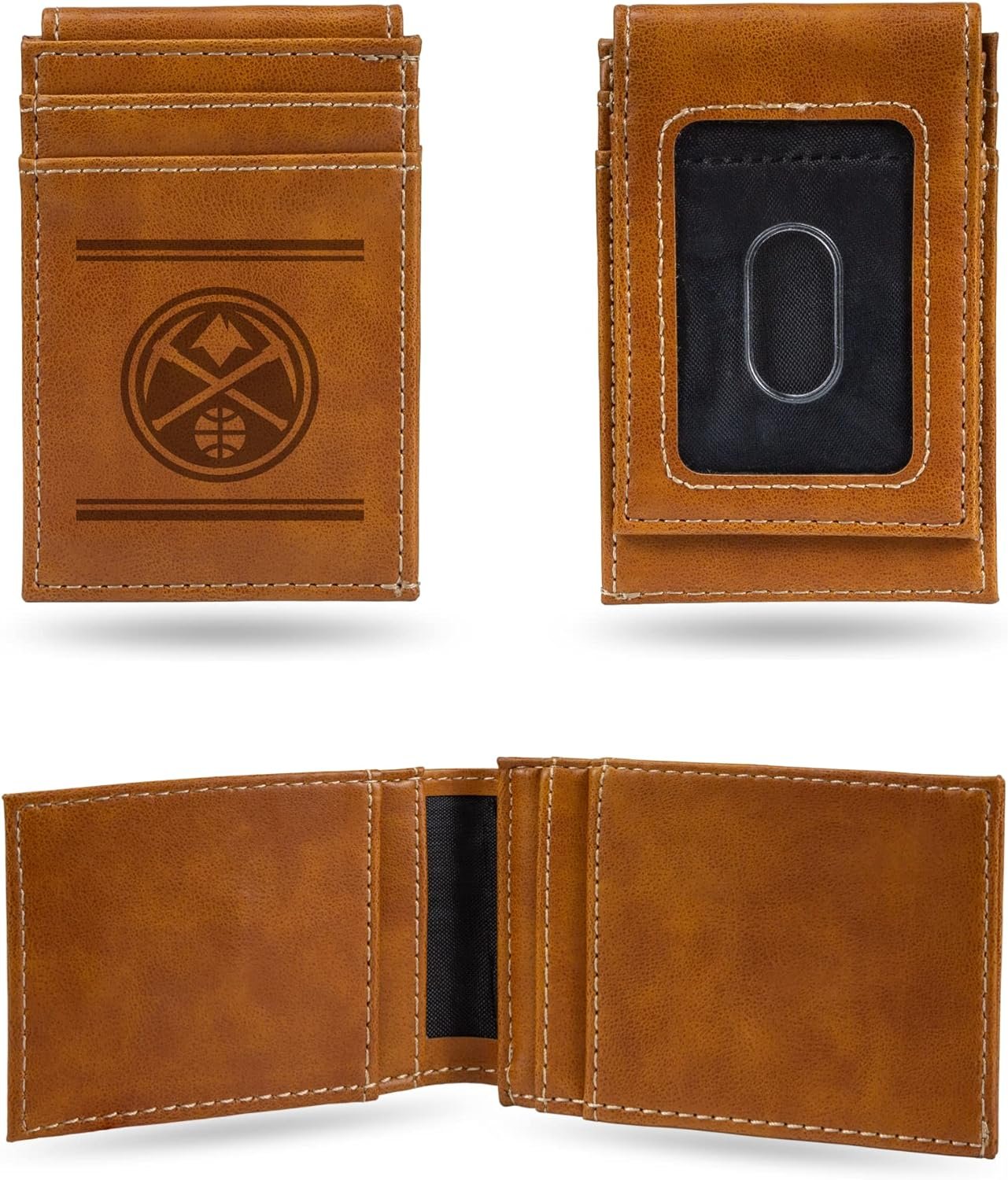 Rico Industries NBA Denver Nuggets Premium Laser Engraved Vegan Brown Leather Front Pocket Wallet - Compact and Slim yet Sturdy Design - Perfect to Show Your Team Pride or Gift