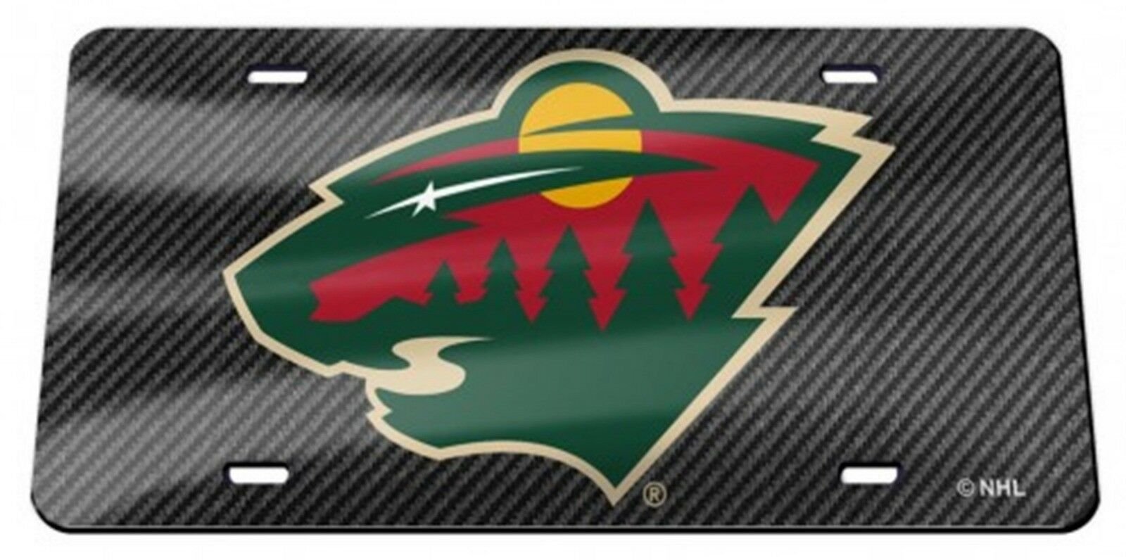 Minnesota Wild Premium Laser Cut Tag License Plate, Carbon Fiber Style, Mirrored Acrylic, 12x6 Inch