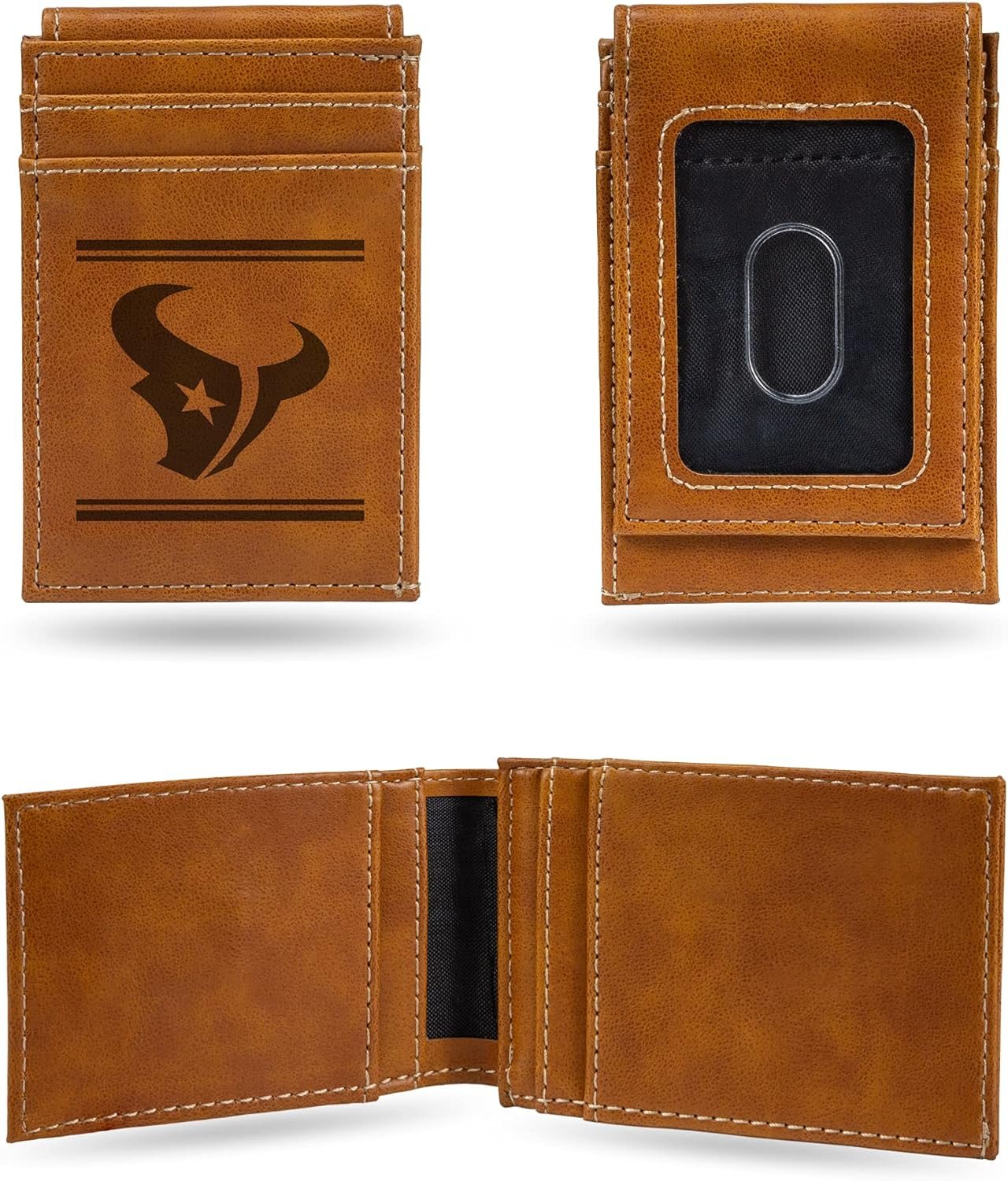 Rico Industries NFL Houston Texans Premium Laser Engraved Vegan Brown Leather Front Pocket Wallet - Compact and Slim yet Sturdy Design - Perfect to Show Your Team Pride or Gift