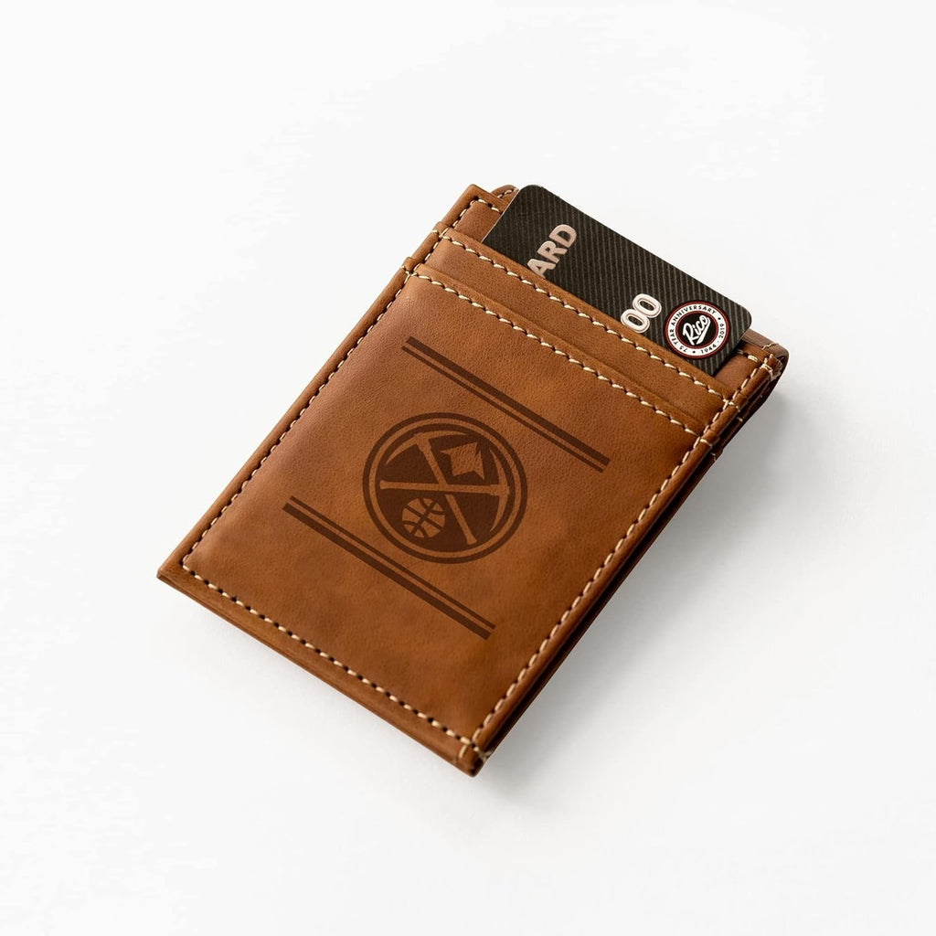 Rico Industries NBA Denver Nuggets Premium Laser Engraved Vegan Brown Leather Front Pocket Wallet - Compact and Slim yet Sturdy Design - Perfect to Show Your Team Pride or Gift