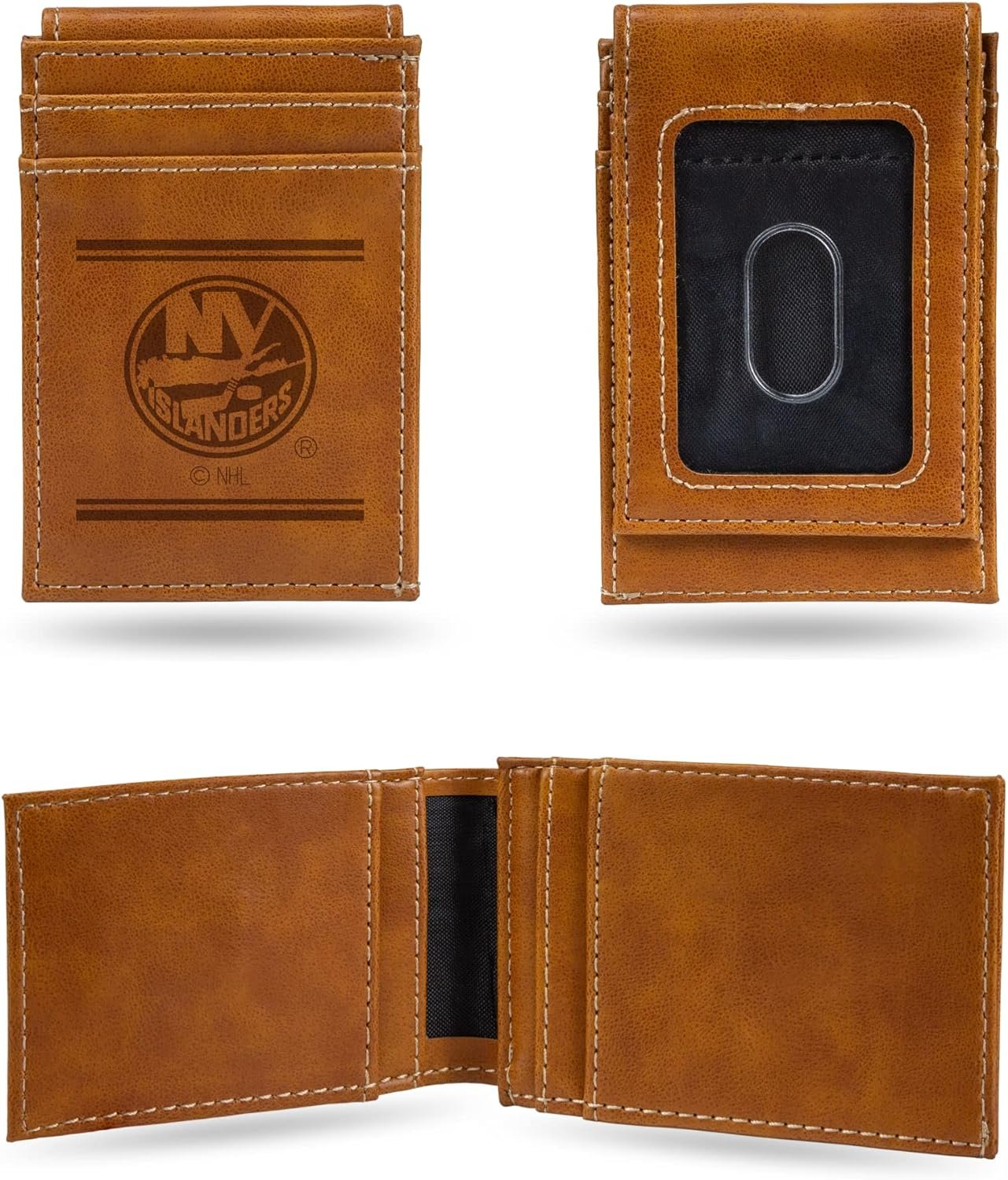 Rico Industries NHL New York Islanders Premium Laser Engraved Vegan Brown Leather Front Pocket Wallet - Compact and Slim yet Sturdy Design - Perfect to Show Your Team Pride or Gift